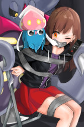 Rule 34 | 1girl, 2others, absurdres, alternate costume, alternate eye color, alternate hairstyle, arms behind back, black jacket, bound, bound arms, bound legs, brown hair, cellphone, commission, creatures (company), gag, gagged, game freak, gen 6 pokemon, gloria (pokemon), highres, hostage, improvised gag, inkay, jacket, kidnapped, long hair, malamar, miniskirt, multiple others, nintendo, one eye closed, orange eyes, phone, pixiv commission, pokemon, pokemon (creature), pokemon swsh, purple shirt, red skirt, restrained, seirein (seireinnnn), shirt, skirt, tape, tape bondage, tape gag, tentacles
