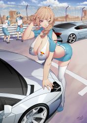 Rule 34 | 1girl, 2boys, absurdres, ass, belt, braid, breasts, brown hair, car, chinese text, cleavage, company name, covered erect nipples, hanging breasts, hat, highres, huge breasts, large breasts, long hair, looking at viewer, motor vehicle, multiple boys, one eye closed, original, parted lips, pink eyes, race queen, race vehicle, racecar, rekaerb maerd, skirt, smile, thighhighs, twin braids, white thighhighs