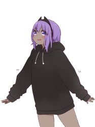 Rule 34 | 1girl, :d, black hoodie, blush, cowboy shot, dark-skinned female, dark skin, drawstring, fate/prototype, fate/prototype: fragments of blue and silver, fate (series), hair between eyes, hassan of serenity (fate), highres, hood, hood down, hoodie, i.u.y, long sleeves, looking at viewer, open mouth, puffy long sleeves, puffy sleeves, purple eyes, purple hair, sidelocks, simple background, sleeves past wrists, smile, solo, v-shaped eyebrows, white background