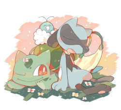 Rule 34 | 1boy, :&gt;, ^ ^, akadako, animal ears, animal feet, black fur, blanket, blue fur, blush, blush stickers, body fur, border, bright pupils, bulbasaur, child, claws, closed eyes, closed mouth, creatures (company), drooling, closed eyes, flower, flower on head, full body, furry, furry male, game freak, gen 1 pokemon, gen 3 pokemon, gen 4 pokemon, grass, happy, looking at another, looking to the side, lying, nintendo, on ground, on stomach, one-hour drawing challenge, one eye closed, open mouth, outdoors, pawpads, pink flower, plant, pokemon, pokemon (creature), red eyes, red flower, riolu, sitting, smile, snout, swablu, two-tone fur, u u, vines, white border, white pupils, yellow flower