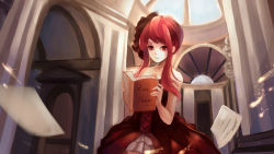 Rule 34 | 1girl, artist name, book, breasts, cleavage, collarbone, dress, hair ornament, highres, holding, holding book, long hair, medium breasts, mirysa rh, open book, original, reading, red eyes, red hair, solo, strapless, strapless dress