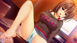 Rule 34 | 1girl, antenna hair, asami asami, ashiya suzuka, barefoot, blush, breasts, brown hair, cameltoe, censored, computer, cum, cum on body, cum on lower body, embarrassed, feet, footjob, game cg, large breasts, legs, long hair, long sleeves, looking at viewer, monitor, mosaic censoring, open mouth, panties, penis, ponytail, pretty x cation 2, purple eyes, sitting, skirt, solo focus, table, thighs, toes, underwear, unzipped, wet