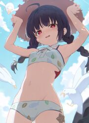 Rule 34 | 1girl, ahoge, armpits, arms up, bikini, bird, black hair, blue archive, blue sky, braid, breasts, brown hat, cloud, day, hat, highres, long hair, looking at viewer, miyu (blue archive), miyu (swimsuit) (blue archive), nam (nam990902), navel, official alternate costume, open mouth, outdoors, print bikini, red eyes, sky, small breasts, solo, stomach, straw hat, swimsuit, twin braids, white bikini
