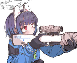 Rule 34 | 1girl, alternate hairstyle, animal ears, blue archive, fake animal ears, gun, halo, highres, miyu (blue archive), rabbit ears, red eyes, ruliweb (website), second-party source, short hair, simple background, solo, thorneyes, upper body, weapon, white background