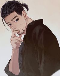 Rule 34 | 1boy, alternate costume, black eyes, black hair, black kimono, closed mouth, facial hair, facial scar, finger to own chin, goatee, golden kamuy, hair strand, isa (peien516), japanese clothes, kimono, looking at viewer, male focus, ogata hyakunosuke, scar, scar on cheek, scar on face, short hair, simple background, solo, upper body