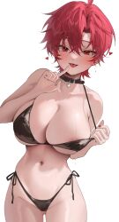 Rule 34 | 1girl, absurdres, areola slip, bikini, black bikini, black collar, blush, breasts, cleavage, collar, crossed bangs, fang, finger to mouth, hair between eyes, heart, highres, index finger raised, korean commentary, large breasts, looking at viewer, original, red eyes, red hair, short hair, side-tie bikini bottom, simple background, skin fang, solo, swimsuit, timy, tongue, wet, wet hair, white background