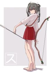 Rule 34 | 10s, 1girl, arrow (projectile), bad id, bad tumblr id, bare legs, barefoot, black hair, blush, bow (weapon), closed mouth, feet, from side, full body, hair ribbon, hakama, hakama short skirt, hakama skirt, highres, holding, holding bow (weapon), holding weapon, japanese clothes, kantai collection, long hair, looking at viewer, multicolored background, no legwear, ribbon, serious, shadow, skirt, soles, solo, tabiaki (cosy catastrophe), twintails, two-tone background, weapon, white ribbon, yellow eyes, zuikaku (kancolle)
