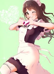 Rule 34 | 1girl, apron, black dress, blush, brown eyes, brown hair, commentary request, cowboy shot, dress, frills, garter straps, half updo, heart, heart hands, idolmaster, idolmaster cinderella girls, leg up, long hair, looking at viewer, maid, maid apron, maid headdress, one eye closed, one side up, shimamura uzuki, short sleeves, simple background, smile, solo, sparkle, thighhighs, white thighhighs, yamaburo
