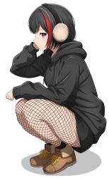 Rule 34 | 1girl, absurdres, arm on thigh, bang dream!, black hair, black hoodie, black pantyhose, black shorts, brown footwear, closed mouth, commentary, drawstring, earmuffs, fishnet pantyhose, fishnets, from side, full body, hand up, highres, hood, hood down, hoodie, legs together, light blush, long sleeves, looking at viewer, looking to the side, mitake ran, multicolored hair, noshimurin, pantyhose, profile, purple eyes, red hair, shoes, short hair, shorts, sideways glance, simple background, solo, squatting, streaked hair, two-tone hair, white background