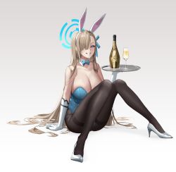 Rule 34 | 1girl, absurdres, animal ears, asuna (blue archive), asuna (bunny) (blue archive), black pantyhose, blonde hair, blue archive, blue bow, blue bowtie, blue eyes, blue leotard, blue ribbon, bottle, bow, bowtie, breasts, cleavage, commentary, cup, detached collar, drinking glass, fake animal ears, full body, gloves, gradient background, grin, hair over one eye, hair ribbon, hairband, halo, high heels, highres, holding, holding tray, knees together feet apart, large breasts, leotard, long hair, looking at viewer, mole, mole on breast, pantyhose, playboy bunny, rabbit ears, ribbon, simple background, sitting, smile, solo, strapless, strapless leotard, symbol-only commentary, thighband pantyhose, traditional bowtie, tray, very long hair, white footwear, white gloves, white hairband, yo owl