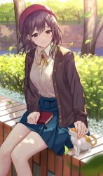 Rule 34 | 1girl, animal, beret, blue skirt, book, book on lap, braid, breasts, brooch, brown eyes, brown hair, brown jacket, buttons, cat, closed mouth, collared shirt, commentary, day, falling leaves, feet out of frame, fence, french braid, hair between eyes, haru (hiyori-kohal), hat, highres, holding, holding book, jacket, jewelry, leaf, looking down, medium breasts, original, outdoors, petting, pleated skirt, red hat, ribbon, shirt, short hair, sitting, skirt, smile, solo, tree, wall, white shirt, yellow neckwear, yellow ribbon
