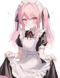 Rule 34 | 1girl, :3, apron, black dress, blush, closed mouth, commentary, cowboy shot, dress, frilled apron, frills, gem (symbol), hair between eyes, haruta 333 x, highres, long hair, looking at viewer, maid, maid day, maid headdress, neck ribbon, original, pink eyes, pink hair, puffy short sleeves, puffy sleeves, red ribbon, ribbon, short sleeves, sidelocks, simple background, skirt hold, smile, solo, twintails, white apron, white background, white wrist cuffs, wrist cuffs