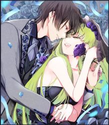 Rule 34 | 1boy, 1girl, :d, bare shoulders, black dress, bridal veil, brown hair, c.c., code geass, couple, dress, flower, formal, green hair, grey suit, hetero, highres, holding, holding flower, hug, hug from behind, jewelry, lelouch vi britannia, long hair, looking at another, necklace, noppo, open mouth, parted lips, purple flower, purple rose, rose, short hair, smile, suit, teeth, upper teeth only, veil, yellow eyes