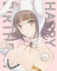 Rule 34 | 1girl, animal ears, bare shoulders, blunt bangs, blush, breasts, cleavage, dated, detached collar, fake animal ears, flipped hair, galaga, hair ornament, happy birthday, highres, large breasts, leotard, looking at viewer, mole, mole on breast, nanami chiaki, official alternate costume, pink eyes, playboy bunny, rabbit ears, smile, solo, strapless, strapless leotard, yu sha rei