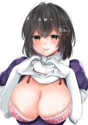 Rule 34 | 1girl, blush, bra, breasts, cleavage, closed mouth, elbow gloves, gloves, haguro (kancolle), hair ornament, hairclip, heart, heart hands, kantai collection, kirekawa (lovelyplace), large breasts, looking at viewer, open clothes, shiny skin, short hair, smile, solo, underwear, uniform, unworn hair ornament, unworn hairclip, yellow eyes
