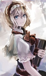 Rule 34 | 1girl, alice margatroid, bad id, bad pixiv id, blonde hair, blue dress, blue eyes, book, hugging book, bow, bowtie, capelet, closed mouth, commentary request, dress, from side, grimoire of alice, hair between eyes, hairband, holding, holding book, jan (lightdragoon), lolita hairband, looking at viewer, looking to the side, hugging object, red bow, red bowtie, sash, short hair, smile, solo, touhou