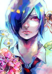 Rule 34 | 1girl, absurdres, adjusting hair, blue hair, collared shirt, flower, grey shirt, hair over one eye, hand up, highres, kirishima touka, kyuuba melo, looking at viewer, necktie, parted lips, pink flower, portrait, red eyes, red necktie, shiny skin, shirt, short hair, solo, teeth, tokyo ghoul