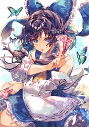 Rule 34 | 1girl, animal, ascot, ayatsuki sugure, bare shoulders, between fingers, black hair, blue bow, blue eyes, blue skirt, bow, bug, butterfly, detached sleeves, frilled skirt, frills, hair bow, hair tubes, hakurei reimu, highres, holding, insect, japanese clothes, long hair, nontraditional miko, ofuda, ofuda between fingers, open mouth, ribbon-trimmed sleeves, ribbon trim, sidelocks, skirt, solo, touhou, white sleeves, wide sleeves, yellow ascot