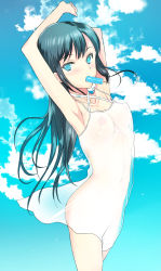 Rule 34 | 1girl, armpits, arms up, blue eyes, blue hair, breasts, cloud, coin rand, collarbone, day, food, highres, mouth hold, nipples, original, popsicle, see-through, sky, solo, wind