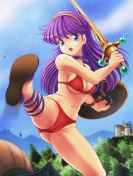 Rule 34 | 1girl, ankle lace-up, athena (series), bikini, blue eyes, breasts, cameltoe, cleavage, cleft of venus, commentary request, cross-laced footwear, hairband, highres, kicking, long hair, medium breasts, navel, open mouth, princess athena, purple hair, red bikini, sandals, shield, shiny skin, sideboob, skindentation, snk, solo, swimsuit, sword, tamanegiinyo, underboob, weapon