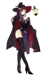 Rule 34 | 1girl, absurdres, alternate costume, ankle boots, black choker, black footwear, black headwear, black thighhighs, boots, breasts, buckle, cape, choker, circlet, cleavage, detached sleeves, dress, earrings, ebinku, female focus, fire emblem, fire emblem echoes: shadows of valentia, full body, gem, gloves, hat, high heel boots, high heels, highres, jewelry, lantern, large breasts, large hat, lips, long hair, looking at viewer, mature female, nintendo, open mouth, purple hair, red gemstone, side slit, smile, solo, sonya (fire emblem), standing, thighhighs, thighs, witch, witch hat