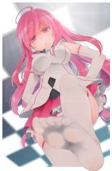 Rule 34 | 1girl, ahoge, bemani, checkered background, elbow gloves, feet, foot focus, gloves, hands on own hips, highres, katoma, long hair, looking at viewer, panties, pantyshot, pink eyes, pink hair, rasis, skirt, soles, sound voltex, sound voltex ii infinite infection, standing, striped clothes, striped panties, thighhighs, toes, underwear, upskirt, white thighhighs