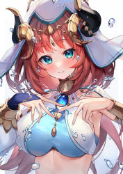 Rule 34 | 1girl, absurdres, aqua eyes, blush, breasts, bridal gauntlets, brooch, circlet, crop top, curled horns, genshin impact, hands up, highres, horns, jewelry, kuroshiro kanae, large breasts, long hair, long sleeves, looking at viewer, neck ring, nilou (genshin impact), parted bangs, puffy long sleeves, puffy sleeves, red hair, sidelocks, simple background, single bridal gauntlet, smile, solo, sparkle, twintails, upper body, vambraces, veil, water, water drop, wet, white background