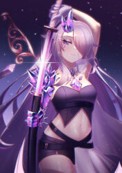 Rule 34 | 1girl, alternate costume, blush, breasts, chest jewel, cipher4109, commentary, gem, grey hair, hair over one eye, highres, holding, holding sword, holding weapon, hololive, hololive english, jewel under eye, katana, koseki bijou, long hair, looking at viewer, material growth, medium breasts, midriff, multicolored hair, navel, purple eyes, purple gemstone, revision, solo, sword, virtual youtuber, weapon