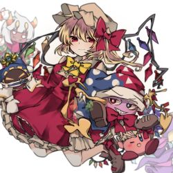 Rule 34 | 1boy, 1other, 2girls, ;&lt;, alternate eye color, blush, bow, brown footwear, brown hair, brown hat, closed mouth, commentary request, crossover, drawcia, dress, flandre scarlet, frilled dress, frills, hat, heterochromia, highres, joou heika (precare deum), kirby, kirby (series), looking at viewer, magolor, marx (kirby), multicolored clothes, multicolored headwear, multiple girls, nintendo, no arms, one eye closed, open mouth, polka dot, rayman limbs, red bow, red dress, red eyes, short hair, smile, taranza, touhou, trait connection, triangle, white background, yellow bow, yellow neckwear