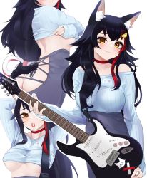 Rule 34 | 1girl, absurdres, alternate costume, animal ears, ass, bare shoulders, black hair, blush, breasts, choker, collar, commentary, electric guitar, english commentary, flipped hair, guitar, guitar little sister (hitomi o), hair ornament, hairclip, highres, hololive, instrument, long hair, looking at viewer, low-tied long hair, medium breasts, medium hair, multicolored hair, multiple views, nixour, ookami mio, red choker, smile, streaked hair, tail, underboob, undressing, very long hair, virtual youtuber, wolf ears, wolf girl, wolf tail, yellow eyes