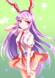 Rule 34 | 1girl, animal ears, asada ryou, blush, brooch, carrot, gradient background, green background, jewelry, light purple hair, long hair, necktie, puffy sleeves, rabbit ears, red eyes, red necktie, reisen udongein inaba, shirt, short sleeves, simple background, skirt, smile, solo, star (symbol), touhou, upskirt, very long hair