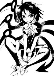 Rule 34 | 1girl, abe ranzu, asymmetrical wings, covering privates, covering crotch, dress, greyscale, grin, houjuu nue, monochrome, pointy ears, short dress, sketch, smile, solo, spread legs, touhou, wings