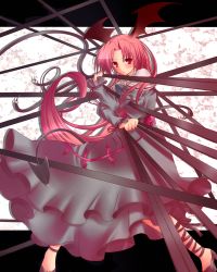 Rule 34 | 1girl, :t, bad id, bad pixiv id, bat wings, dress, female focus, head wings, koakuma, long hair, maryquant, red eyes, red hair, solo, tail, embodiment of scarlet devil, touhou, white background, wings