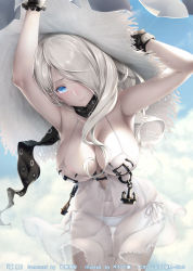 Rule 34 | 10s, 1girl, abyssal ship, armpits, arms up, bikini, black gloves, blue eyes, blush, breasts, cleavage, closed mouth, cowboy shot, day, dress, gloves, grey hair, hair over one eye, hat, kantai collection, large breasts, long hair, looking at viewer, outdoors, paint musume, parted lips, seaport summer princess, see-through, solo, straw hat, sun hat, sweat, swimsuit, white bikini