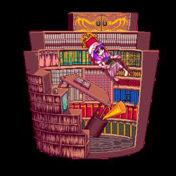 Rule 34 | 1girl, animated, animated gif, barefoot, blue bow, book, bookshelf, bow, chair, chibi, dress, expressionless, floating, hat, holding, holding book, horn (instrument), library, lowres, midair, mob cap, musical note, patchouli knowledge, pixel art, purple dress, purple eyes, purple hair, red bow, solo, table, tougenkyo momo, touhou, transparent background