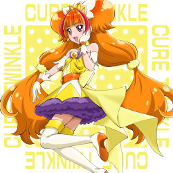 Rule 34 | 1girl, :d, amanogawa kirara, bare shoulders, belt, blush, boo (takagi), boots, bow, brooch, brown hair, character name, choker, cowboy shot, cure twinkle, earrings, full body, gloves, go! princess precure, hand on own cheek, hand on own face, high heels, highres, jewelry, long hair, looking at viewer, looking back, low-tied long hair, magical girl, multicolored hair, open mouth, orange hair, petticoat, precure, purple bow, purple eyes, quad tails, red hair, shoes, skirt, smile, solo, star (symbol), star earrings, streaked hair, thigh boots, thighhighs, twintails, two-tone hair, white footwear, white gloves, yellow background, yellow bow, yellow skirt, yellow theme, zettai ryouiki