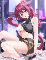 1girl animal_ears barefoot belt black_shirt breasts brown_skirt cat_ears cat_girl cat_tail energy_drink facial_mark feet final_fantasy final_fantasy_xiv grabbing_own_breast highres looking_at_viewer medium_breasts midriff miniskirt miqo&#039;te navel open_mouth purple_eyes red_hair shirt sitting skirt sleeveless sleeveless_shirt slit_pupils tail toes tongue tongue_out warrior_of_light_(ff14) whisker_markings yana_mori