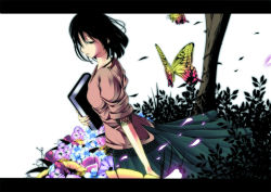 Rule 34 | 1girl, black eyes, black hair, book, bug, butterfly, dress, female focus, flower, gumitaroo, insect, jewelry, letterboxed, looking back, mole, mole under eye, nature, necklace, original, outdoors, pleated skirt, short hair, skirt, solo, tree