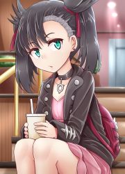 Rule 34 | 1girl, aqua eyes, asymmetrical bangs, asymmetrical hair, black choker, black hair, black jacket, blurry, blurry background, choker, commentary request, creatures (company), cup, depth of field, disposable cup, dress, earrings, game freak, hair ribbon, highres, holding, holding cup, indoors, jacket, jewelry, kitayama miuki, leaning forward, long sleeves, looking at viewer, marnie (pokemon), nintendo, parted lips, pink dress, pokemon, pokemon swsh, red ribbon, ribbon, short dress, sitting, solo, stairs, stud earrings, twintails