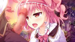 Rule 34 | 1boy, 1girl, artist request, censored, cum, escude, fall in love x 4 tune, game cg, meira (fall in love x 4 tune), mosaic censoring, open mouth, outdoors, penis, pink hair, tagme, tongue