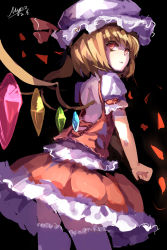 Rule 34 | 1girl, blonde hair, darkness, flandre scarlet, hat, hat ribbon, highres, looking at viewer, looking back, mob cap, myero, petals, puffy sleeves, red eyes, ribbon, shaded face, shirt, short sleeves, side ponytail, signature, skirt, skirt set, solo, thighhighs, touhou, vest, white thighhighs, wide sleeves, zettai ryouiki