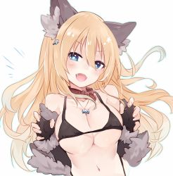 Rule 34 | 1girl, animal ear fluff, animal ears, bare shoulders, bikini, bikini top only, black bikini, black gloves, blonde hair, blue eyes, blush, breasts, candy, cleavage, collar, collarbone, fangs, fingerless gloves, food, gloves, hair between eyes, hair ornament, hairclip, highres, jewelry, k rough, large breasts, long hair, looking at viewer, navel, necklace, outline, simple background, solo, star (symbol), star hair ornament, swimsuit, symbol-shaped pupils, white background