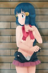 Rule 34 | 1girl, bad id, bad pixiv id, blue eyes, blue hair, blush, breasts, clothes pull, cowboy shot, creatures (company), dawn (pokemon), game freak, hair ornament, hairclip, looking away, love (pspdspsp), miniskirt, navel, nintendo, pink skirt, pleated skirt, pokemon, pokemon dppt, red scarf, scarf, shirt pull, skirt, small breasts, solo, topless, undressing, wall