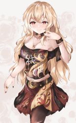 Rule 34 | 1girl, adapted costume, bare shoulders, black nails, blonde hair, blush, breasts, clothes writing, collarbone, cosplay, cowboy shot, hecatia lapislazuli, hecatia lapislazuli (cosplay), highres, junko (touhou), long hair, medium breasts, nail polish, no headwear, off-shoulder shirt, off shoulder, orchid (orukido), pantyhose, red eyes, red nails, shirt, short sleeves, skirt, smile, solo, standing, touhou