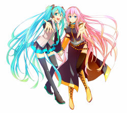 Rule 34 | 2girls, aqua eyes, aqua hair, belt, boots, detached sleeves, haru aki, hatsune miku, holding hands, knee boots, legs, long hair, making-of available, megurine luka, multiple girls, necktie, outstretched hand, pink hair, simple background, skirt, smile, thigh boots, thighhighs, twintails, very long hair, vocaloid, white background