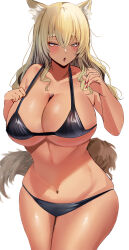 Rule 34 | 1girl, :o, absurdres, animal ears, bikini, black bikini, blonde hair, blush, breasts, cleavage, collarbone, commentary request, commission, fate/grand order, fate (series), fox ears, fox girl, fox tail, hair between eyes, hands up, highres, large breasts, long hair, looking at viewer, namazu (yamasonson), navel, open mouth, pixiv commission, red nails, sideboob, simple background, solo, stomach, suzuka gozen (fate), swimsuit, tail, tan, thighs, underboob, white background, yellow eyes