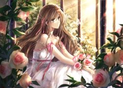 Rule 34 | 1girl, arm ribbon, bare arms, bare shoulders, bouquet, brown eyes, brown hair, bug, butterfly, dress, earrings, flower, hagiwara rin, hair ornament, hair ribbon, bug, jewelry, long hair, necklace, original, ribbon, rose, sitting, sleeveless, sleeveless dress, solo, very long hair, white dress