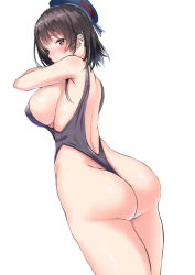 Rule 34 | 1girl, ass, beret, black one-piece swimsuit, blue hat, blush, breasts, brown hair, from behind, hat, kantai collection, looking at viewer, looking back, medium breasts, one-piece swimsuit, red eyes, short hair, sideboob, simple background, skindentation, solo, standing, swimsuit, takao (kancolle), white background, yukishiro arte