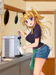 1girl :d absurdres apron beer_tap black_shirt blonde_hair blush breasts chotto_ippai! cup denim denim_shorts frying_pan highres holding holding_cup indoors long_hair medium_breasts nanbu_satsuki open_mouth purple_eyes shirt short_shorts short_sleeves shorts smile standing vietneko waist_apron