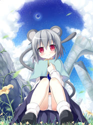 Rule 34 | 1girl, animal ears, blurry, blush, crescent moon, depth of field, female focus, flower, grey hair, hand on own chest, highres, mitsuki, moon, mouse ears, mouse tail, nazrin, no nose, panties, pantyshot, pink eyes, plant, short hair, sitting, smile, solo, tail, touhou, underwear, white panties, yano mitsuki (nanairo)